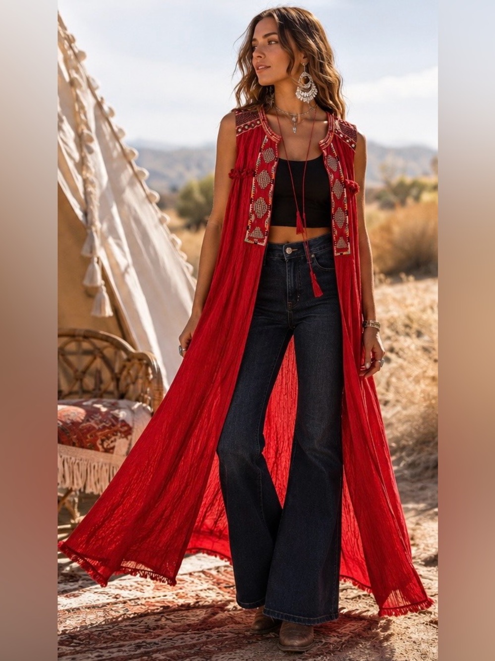 Fusion Red Embroidered Hand Beaded Shrug Mirror Work Long Duster Vest Boho Art